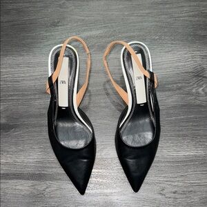Zara Black and Tan Slingback Heels with Pointed Toe
